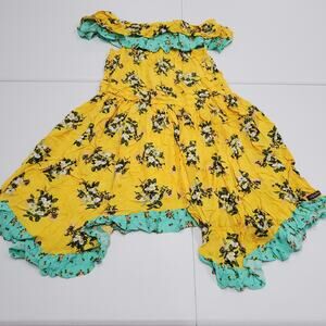Matilda Jane Dress Women Small Yellow Floral Off Shoulder Ruffle Hem Aqua Boho